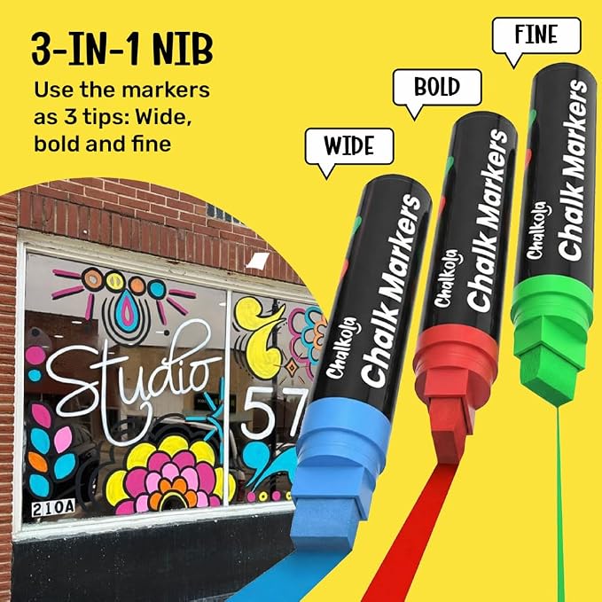 Chalkola 20 Car Window Markers for Glass Washable (15mm, w/Gold & Silver) | Erasable Jumbo Liquid Chalk Markers for Blackboard, Chalkboard, Auto Mirror, Bistro Board — 3 in 1 Wide Nib Chalk Paint Pens