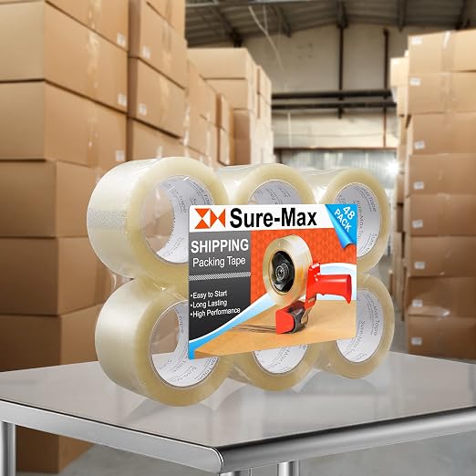 Sure-Max 48 Rolls Extra-Wide Shipping & Packing Tape (3" x 110 yard/330' Each) - Moving & Adhesive Carton Sealing - 2.0mil Clear