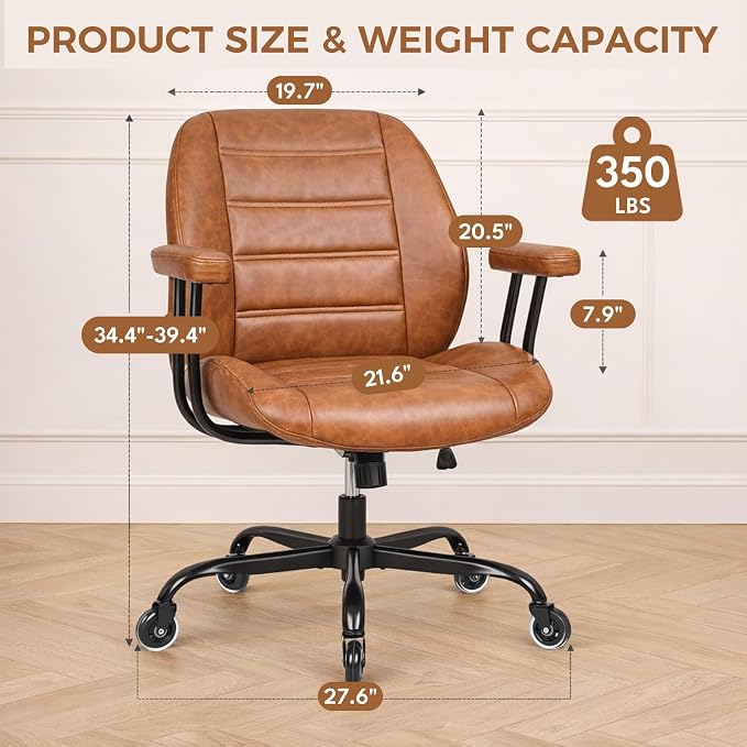 Brown Leather Office Chair with Quiet Rubber Wheels | Lumbar Support & Removable Arms, High-Density Foam Seat for All-Day Comfort, 360 Degree Swivel Home Desk Chair UXBBY002Z
