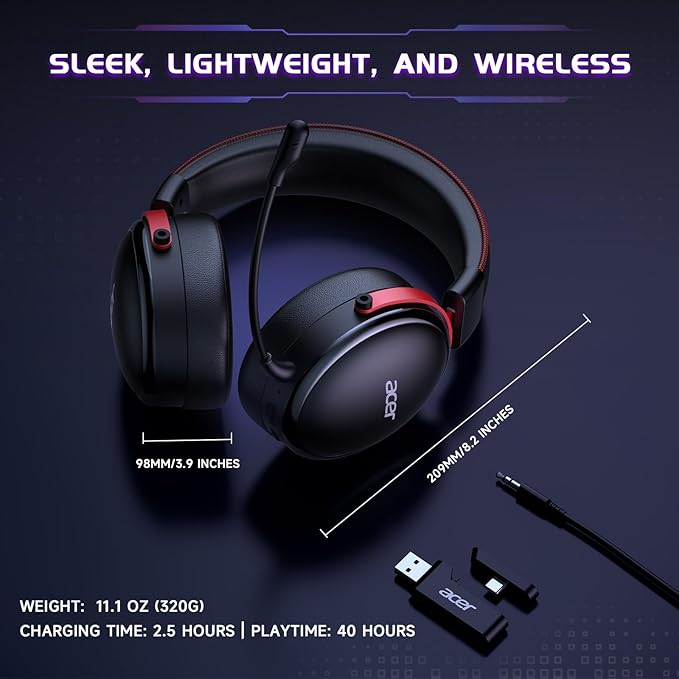 acer 2.4GHz Wireless Gaming Headsets for PS5, PS4, PC, Switch, Bluetooth Gaming Headset with Mic, Stereo Sound, 40+Hr Battery, 50mm Drivers - Black