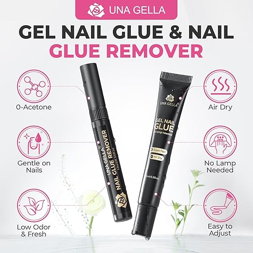 UNA GELLA 15g Semi Solid Nail Glue and 10ml Nail Glue Remover Kit for Press On Nails, No U V Light Needed Quick Dry Adhesive, Rotary Flow Control Debonder with Built-in Pry Bar Tip, 28+ Days Hold