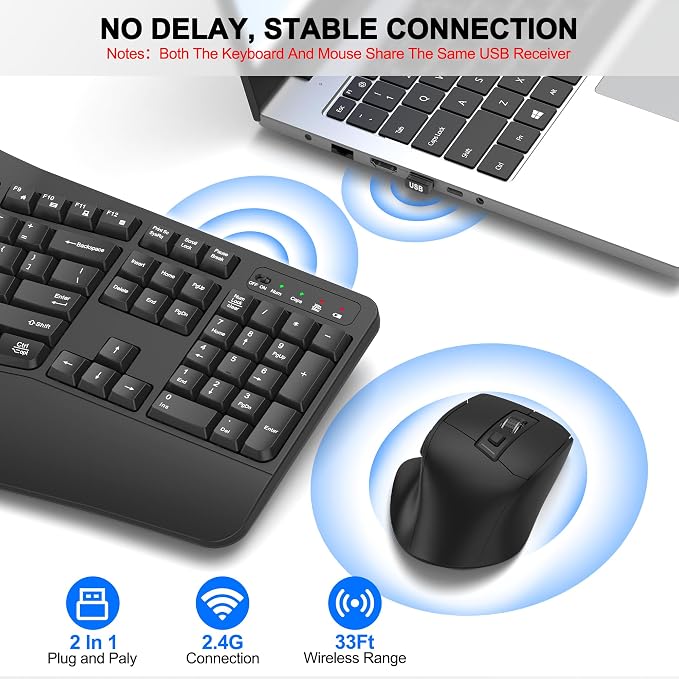 Wireless Keyboard and Mouse Combo, 2.4G Ergonomic Wave Keys(Graphite) | Full Size Wave Keyboard with Wrist Rest, 3-Level DPI Adjustable Ergonomic Mouse for Windows and Mac OS Desktop/Laptop/PC