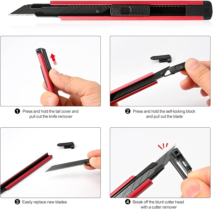 FOSHIO Retractable Utility Knife with 30 Degree Snap Off Blade 9MM, Box Cutter for Carton, Cardboard and Box, Office and Home Use, 3 Pack Red Aluminum Handle Knife with Extra 30 Replacement Blades
