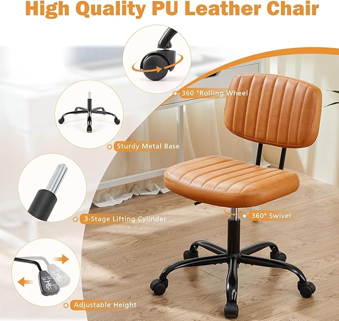 Sweetcrispy Small Office Desk Chair - Armless PU Leather with Comfy Lumbar Support, Height Adjustable Rolling Swivel Task for No Arms, for Adult, Student, Bedroom, Home, Vanity, Brown