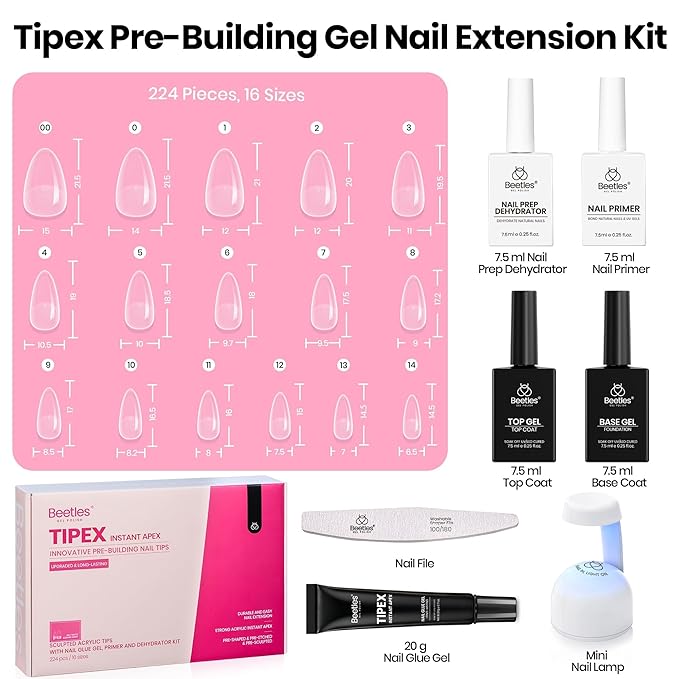 Beetles Tipex Instant Apex Nail Tips Kit with Dehydrator & Primer, Short Almond, 224PCS 16 Sizes, Reinforced Apex for Strong Long-Lasting Wear, 20g Solid Nail Glue, Mini UV Lamp, Base & Top Coat