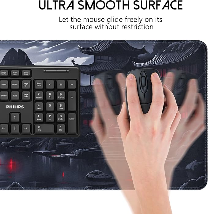 Large Gaming Mouse Pad, Anime Black Mousepad with Stitched Edges, Expanded Cool Desk Mat, Japanese Red Moon XL Keyboard Mat Suitable for Home Office,31.5 X 15.7 Inch