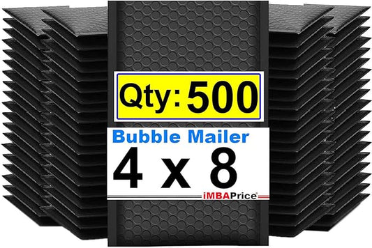iMBAPrice 4x8 Inch Black Poly Bubble Mailers #000, 500-Pack Small Padded Shipping Envelopes, Self-Seal Polybubble Bags for Mailing, Packaging & E-Commerce