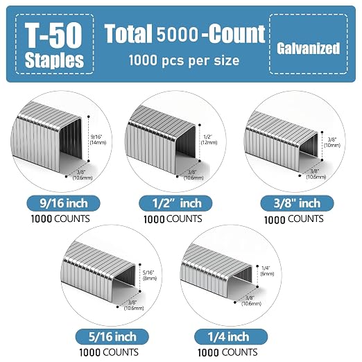 Heavy Duty T50 Staples 5000-Count 5 Sizes Galvanized | 1000 PCS per Size: 1/4", 5/16", 3/8", 1/2", 9/16", Assorted Size Project Pack fit Pneumatic Electric Manual T50 Stapler Gun