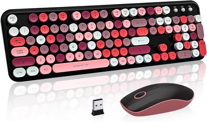 Wireless Keyboard and Mouse Combo, 105 Keys Full-Sized 2.4 GHz Round Keycap Colorful Keyboards, USB Receiver Plug and Play, for Windows, Mac, PC, Laptop, Desktop (Blackcolorful)