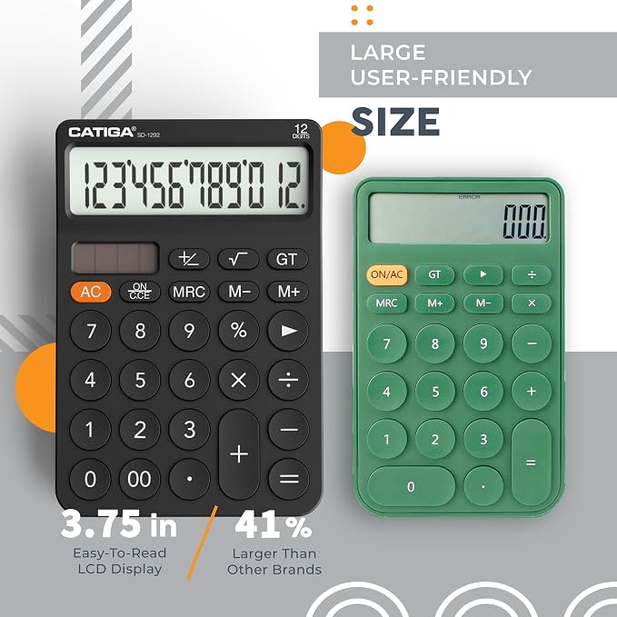 CATIGA 12 Digit Desktop Calculator with Large LCD Display, 4 Funtions Calculator, Round Design Big Button, Solar and Battery Dual Power, Standard Function for Office, Home, School, SD-1292