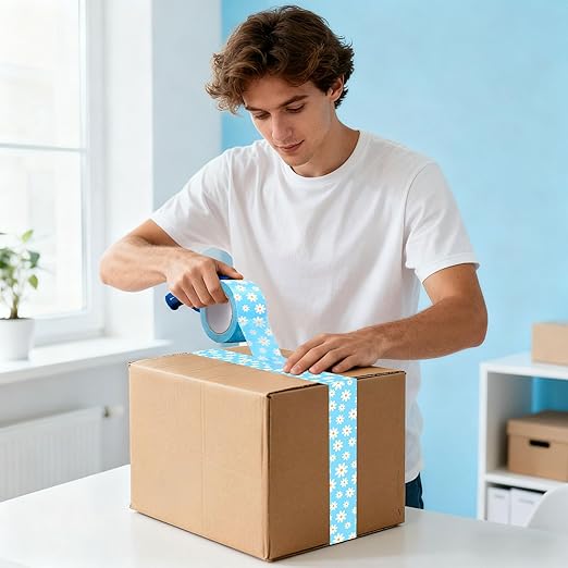 Whaline 109 Yard Groovy Daisy Packing Tape Gift Wrapping Tape Blue White Boho Spring Flower Pattern Tapes for Small Business DIY Crafts Carton Decor