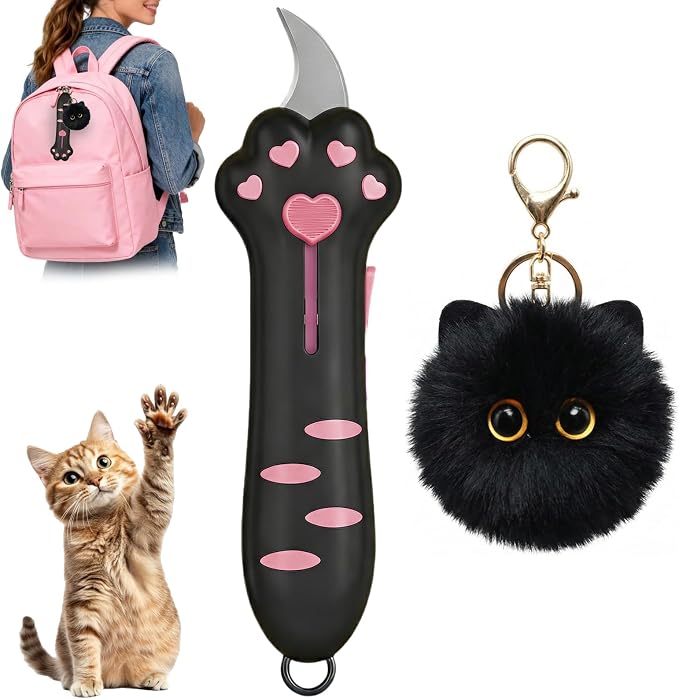 Cat Paw Box Cutter, Retractable Cat Claw Box Cutter with Plush Cat Keychain, Safe Package Opener Tool for Home and Office Use, Ergonomic Silicone Handle Design