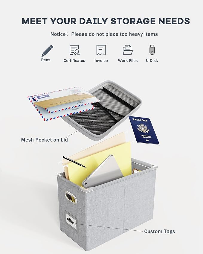 File Organizer Box with Lid, Hanging Filing File Box with Mesh Pocket, Document Organizer Box for Letter Files, Portable Storage Box with Smooth Sliding Rail for Office&Home (2 PCS, Light grey)