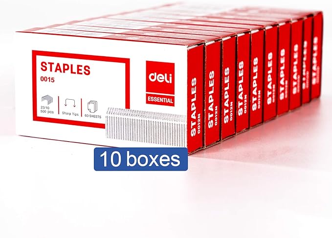 Deli 5,000 Staples - Fits 60 Sheet Capacity Stapler, 3/8" Leg Length, 70 Sheet Capacity, 23/10, Jam Free Sharp Chisel Point Design - 10 Boxes of 500