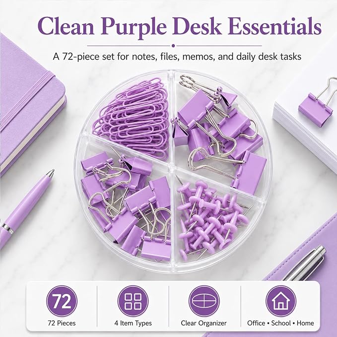 Paper Clips Binder Push Pin Set, Assorted Sized Binder Clips | Cute Office Supplies, Aesthetic Desk Accessories Teachers Desk Must Have, Paper Clips and Binder Clips Set, Purple, 1 Pack