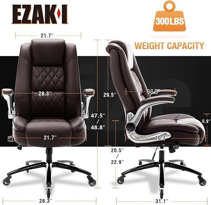 High Back Office Chair, Ergonomic Executive Computer Desk Chair | Flip Arms, Adjustable Built-in Lumbar Support, Thick Padded, Strong Metal Base, Quiet Wheels Work Chairs for Long Hours