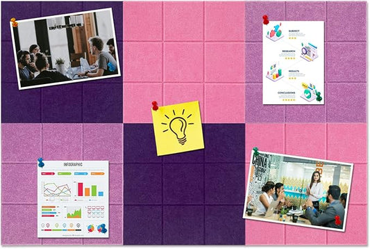 Large Square Felt Cork Board Tiles, Self Adhesive DIY Felt Bulletin Board with 35 Pushpins for Office School Home Wall Decor Stickers Memos Photos Display (Purple & Pink)
