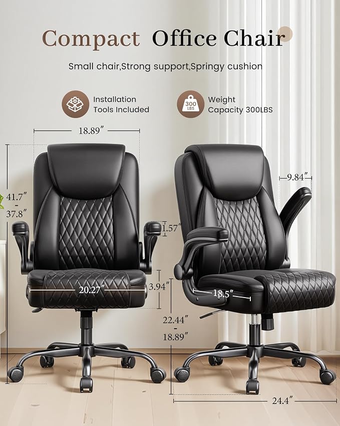 COMHOMA Mid-Back Office Chair, Ergonomic PU Desk Chair with Flip up Arms, Small Computer Gaming with Comfy Lumbar Support,Rocking Function,Sturdy Metal Base, Black