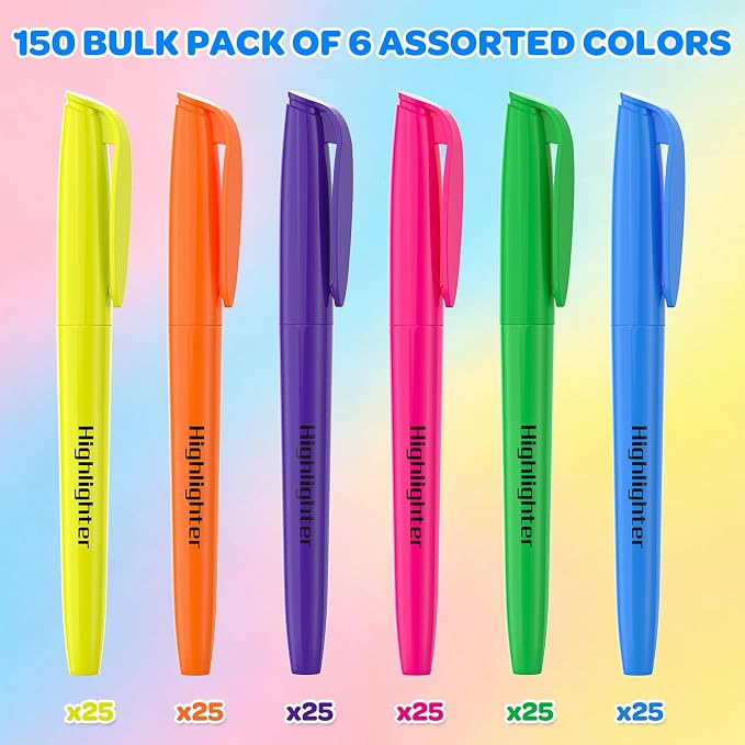 150 Count Highlighters Assorted Colors Bulk - Chisel Tip, Quick Dry, 6 Fluorescent Colors, School Supplies for Students Teachers, No Bleed Markers Set for Notes, Textbooks, Classroom and Office Use