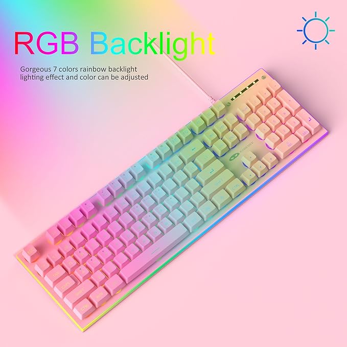 MageGee GT838 Gaming Keyboard and Mouse Combo, 104 Keys RGB Backlit Quiet Wired Keyboards for Laptop PC MAC, with Number Pad, Metal Panel, Anti-Ghosting, Pink