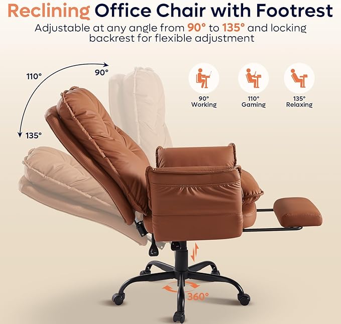 Bestier Cross Legged Office Chair with Footrest, High Back Criss Cross Chair with Reversible Armrests and Wheels, Big and Tall Reclining Office Chair for Home PU Leather Brown
