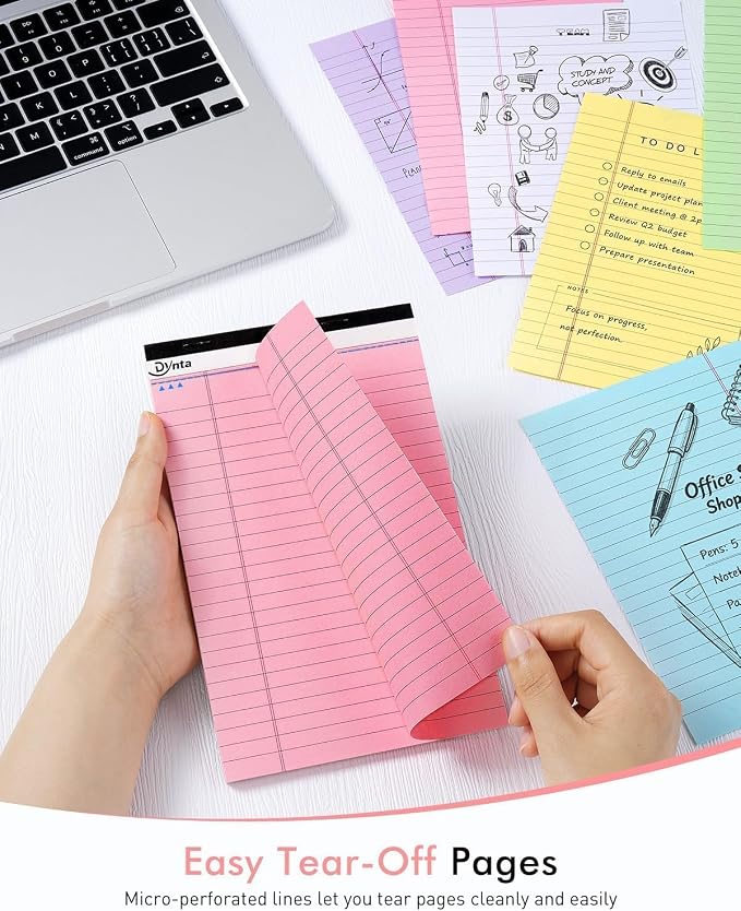 Dynta 24pcs Small Legal Pads 5x8 Note Pads for Writing | Office Supplies, Multicolor, 80GSM Heavyweight Paper, 45 Sheets Per Notepad, Perforated