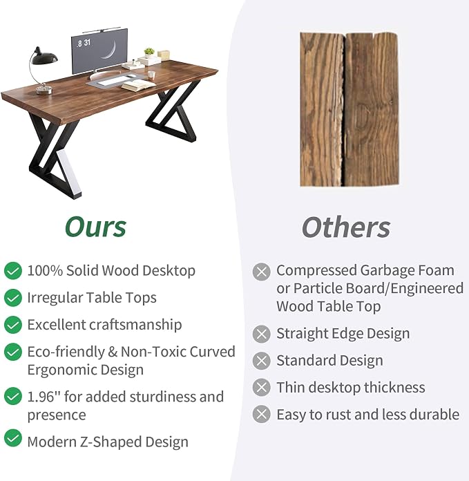 Solid Wood Desk 63 Inches, Live Edge Wooden Home Office Computer Desk Metal Frame Modern Simple Design Executive Real Wood Desk for Writing Study Dining Gaming