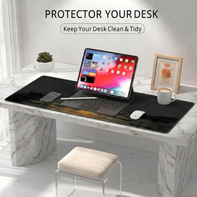 Auhoahsil Moonlight Lake Landscape Desk Mat, Ultra Large Full Desk Gaming Mouse Pad, Calm Night View Art Pattern Extended Keyboard Pad, Nature Aesthetic Desk Pad for Home Office Gaming, 35.4"x 15.7"
