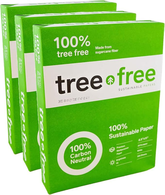 Tree Free Copy Paper, 20 LB, 8.5" x 11", 92 Bright 100% Tree Free Carbon Neutral Acid Free, Made from Sugarcane Waste Fiber (500/Ream), 3-Reams