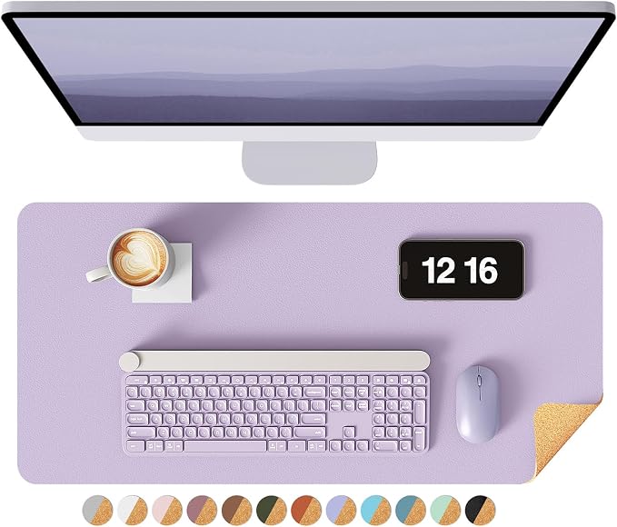 YSAGi Double-Sided Desk Pad, 23.6"x13.7"Leather Desk Mat, Eco Cork Desk Pad Protector,Large Mouse Pad,Waterproof Desk Blotter for Office/Home(Light Purple)