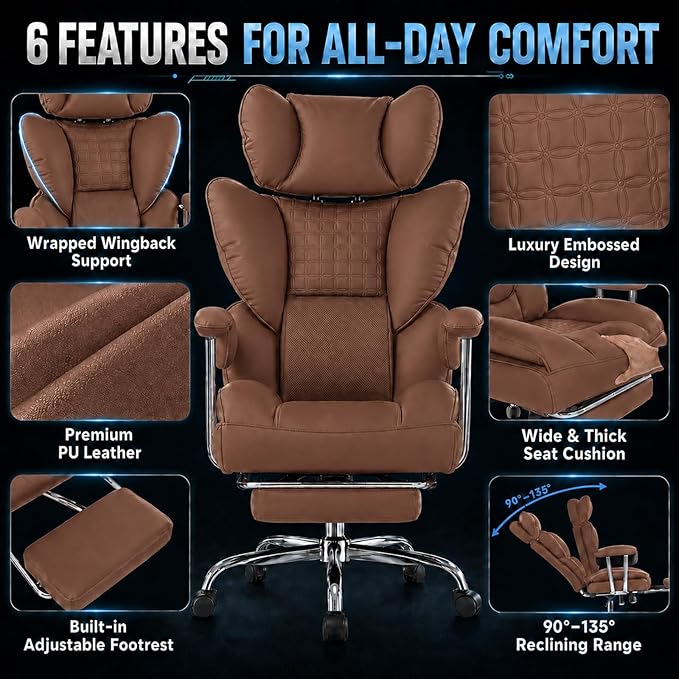 Big and Tall Office Chair 350 LBS, Scratch-Resistant PU Leather Executive Office Desk Chair with Footrest, Ergonomic Reclining Computer Chair with Pocket Spring Support for Home Office, Brown