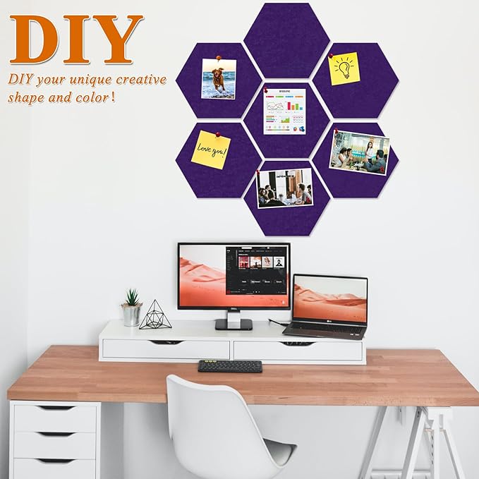 Large Hexagon Felt Cork Board Tiles, Self Adhesive DIY Felt Bulletin Board Pin Board with 35 Pushpins for Office School Home Wall Decor Stickers Memos Photos Display(Purple)