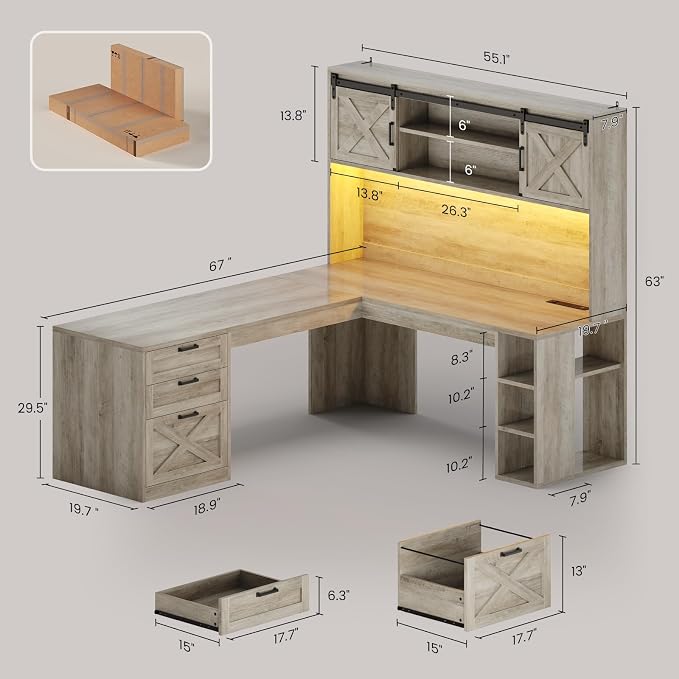 SEDETA 67" Farmhouse L Shaped Desk with Hutch, Grey | Home Office Desks with Drawers & Sliding Doors,Executive Corner Computer Desk with Storage Shelves,Power Outlets,LED Lights