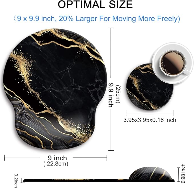 Ergonomic Mouse Pad with Wrist Support Rest,Large Mousepad Gel Wrist Rest, with Coaster Non-Slip & Pain Relief for Computer, Desk, Home&Office-Black Golden Marble 2