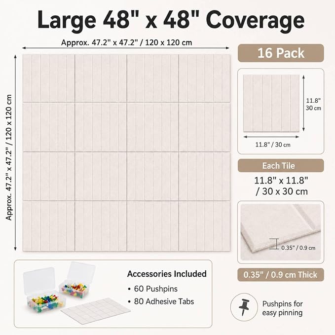 48"x48" Large Felt Bulletin Board Tiles for Wall, 16 Pack, Oatmeal | with Pushpins & Adhesive Tabs, No-Drill Installation, for Home or Office Wall Decoration and Protection, Freely DIY Projects