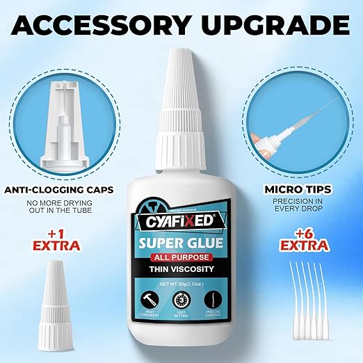 Thin Super Glue 60 Gram, All Purpose Clear Liquid CA Glue Repair Wood Ceramic Glass Plastic, Heavy Duty Cyanoacrylate Adhesive for 3D Print PLA Shoe Metal, Strong Bond and Instant Superglue