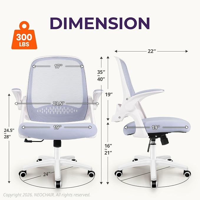 NEO CHAIR Office Desk Chair, Ergonomic Mesh with Flip-Up Armrests, Purple | Lumbar Support, Height Adjustment, 360° Swivel and Rolling Base, Space-Saving Design for Home Office, Vanity or Study