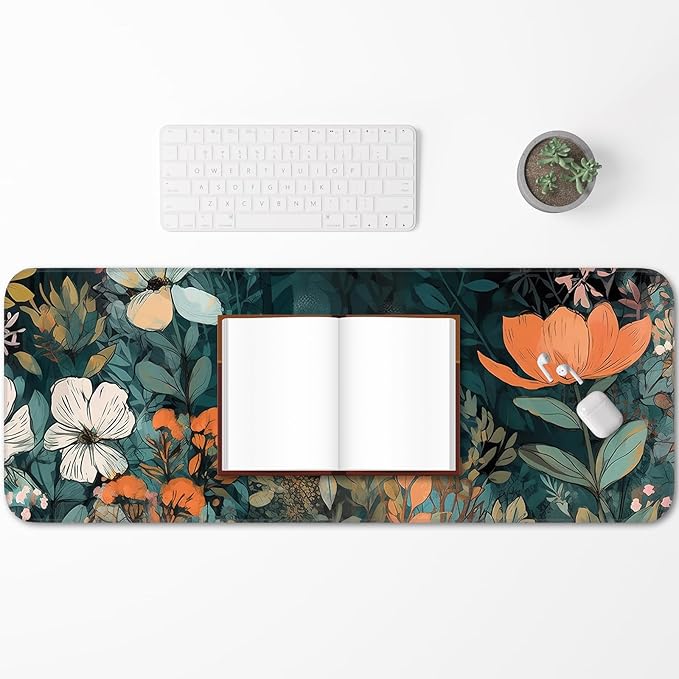 Floral Plant Mouse Pad, Non-Slip Rubber Base Stitched Edges, Large Gaming Mouse Pad for Laptop, Computer, Keyboard, 31.5 x 11.8 Inch, Desktop Decor