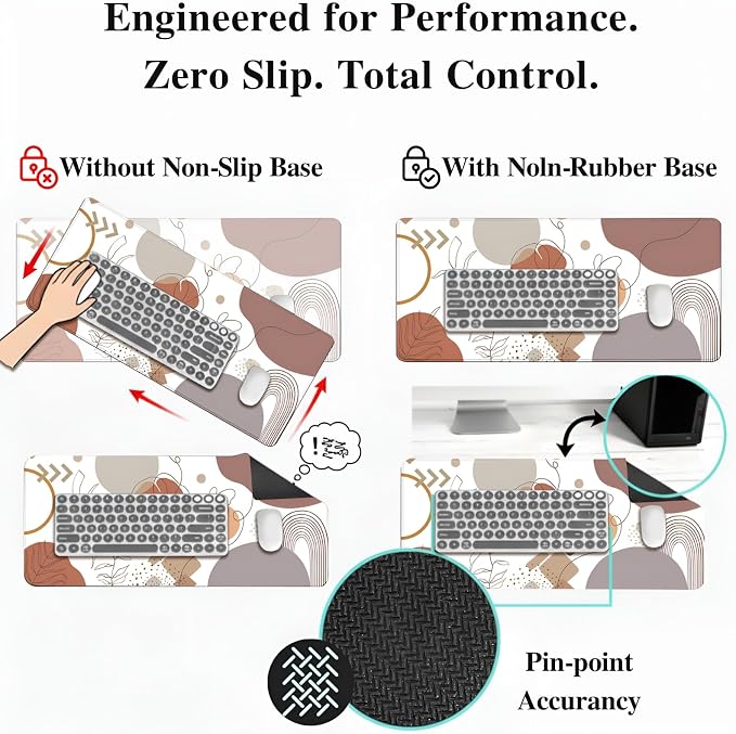 Boho Large Desk Mat (31.5 x 11.8 Inch), Abstract Minimalist Mouse Pad with Stitched Edges, Beige Terracotta Line Art Floral Keyboard Mat, Non-Slip Laptop Pad, Modern Home Office Decor