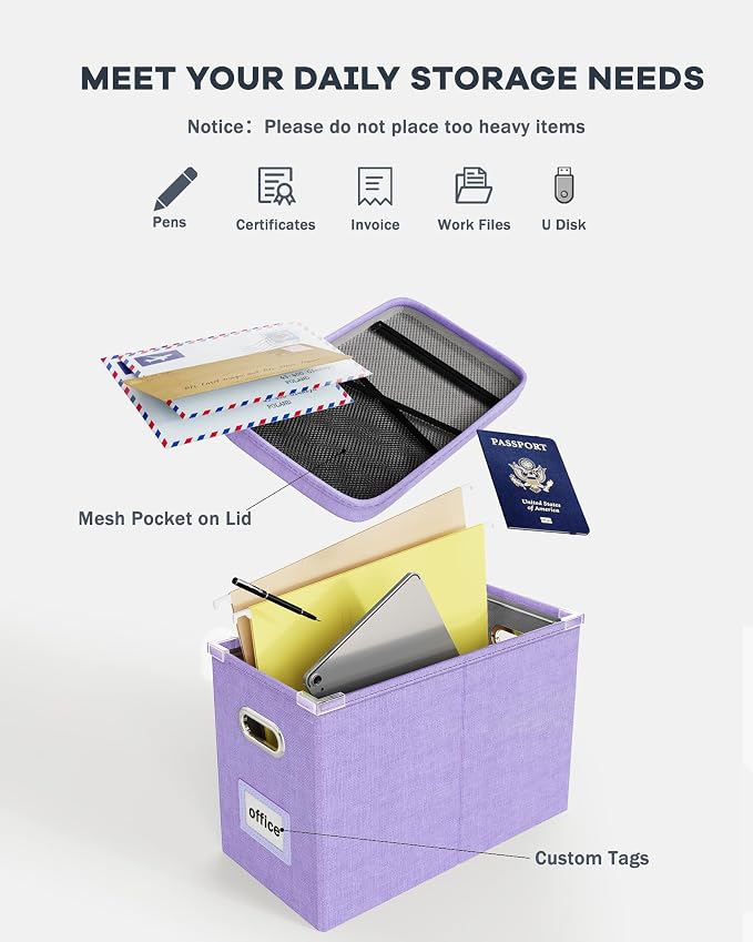 File Organizer Box with Lid, Hanging Filing File Box with Mesh Pocket, Document Organizer Box for Letter Files, Portable Storage Box with Smooth Sliding Rail for Office&Home (1 PCS, Lavender)