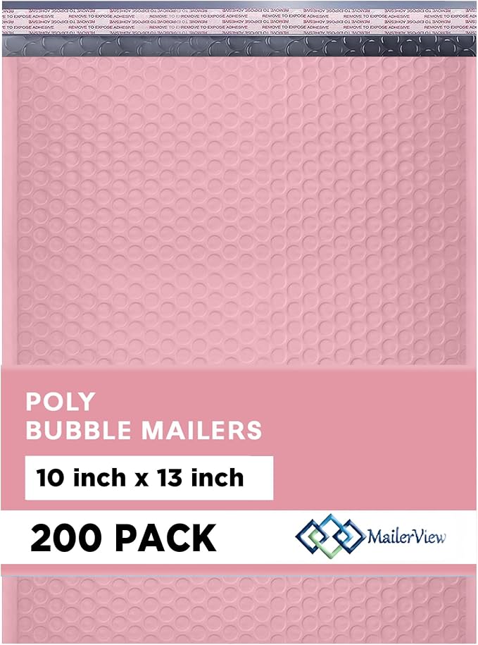 Light Pink Bubble Mailers 10x13, Self Seal Poly Padded Envelopes, 200 Pack | Fits Books & Magazines, No Tape Needed, Cushioned Protection, Water-Resistant Poly, Bulk Pack for Small Business