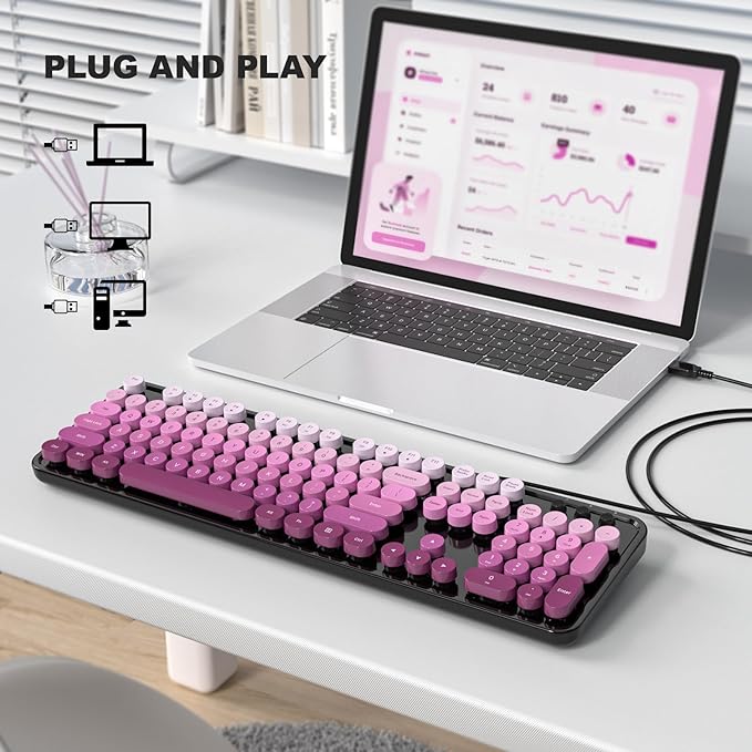 Computer Keyboard Wired, Plug and Play USB Retro Round Typewriter Keyboard, Full Size Wired Keyboard with Foldable Stands for Laptop and Office PC