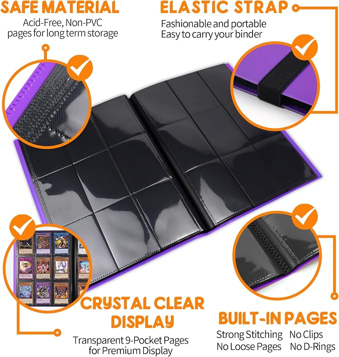 Trading Card Binder 9 Pocket, 360 Card Waterproof Folder with Side Loading Sleeves, Sturdy Card Collection Album for MTG, TCG, Game Cards & Sports Cards (1, Purple)