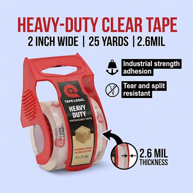 Tape Logic Heavy Duty Packing Tape with Dispenser (6 Pack) – 2.6 Mil Thick Clear Shipping Tape, 2 in x 25 yd – Strong Industrial Adhesive for Moving Boxes, Mailing, & Shipping Packaging