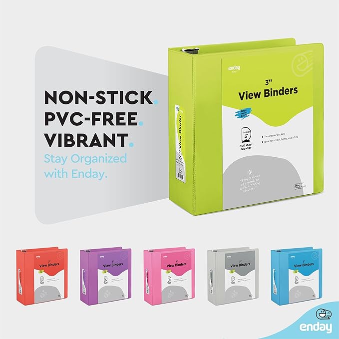 Enday 3 inch Binder (6 Pack - Assorted Colors) 3 Ring Binder 3 inch with Clear View Cover and 2 Inside Pocket - for Letter Size 8.5 x 11'' Paper, Ideal for School Supplies, Office, and Home