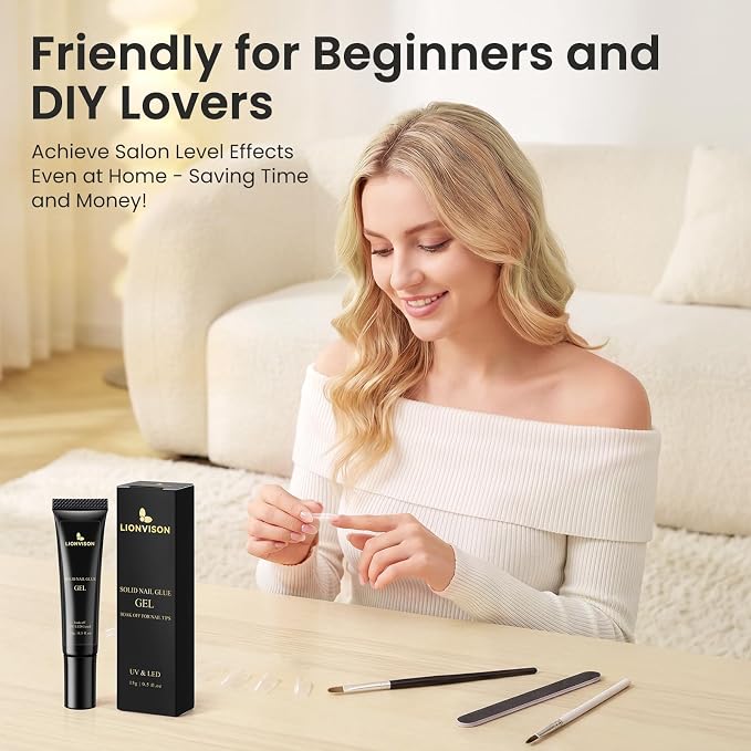 LIONVISON Solid Gel Nail Glue: 28+ Days Long-Lasting for DIY Beginners | UV Cured Adhesive for Press On Nails & Tips Extension - 15g 0.5 fl.oz Tube for DIY Beginners at Home