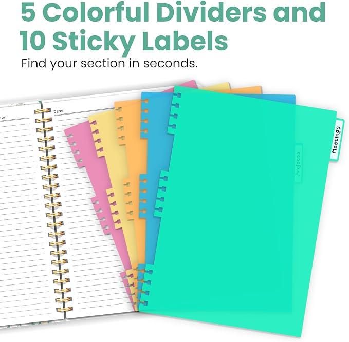 ZOTIA Large Spiral Notebook for Work, 8.5" x 11" Journal for Women, Cute 5 Subject Notebook with Removable Dividers & Tabs, College Ruled Lined Journal for Office and School, 280 Pages, Emerald Court