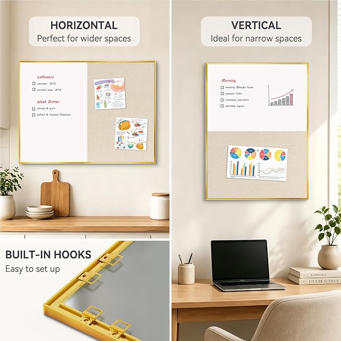 Whiteboard Bulletin Board Combo, 24"x18" Dry Erase Linen Cork Board | Magnetic, Gold Aluminum Frame, Beige Linen Pin Board, Wall Mount, Vertical & Horizontal, for Home Office Kitchen Dorm