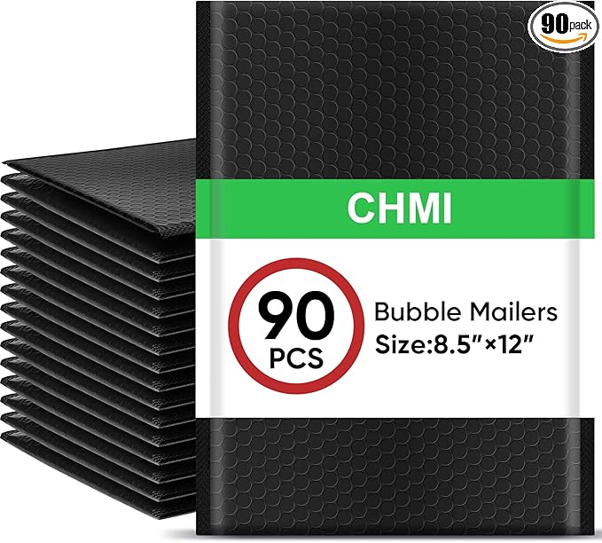CHMI Black Bubble Mailers 8.5 x 12 Inch 90 Pack, Usable Size 8.25X12 Inch Poly Mailers,Mailing Envelopes,Shipping Mailer，Opaque Self Seal Adhesive Waterproof Bags for Packaging and Shipping.