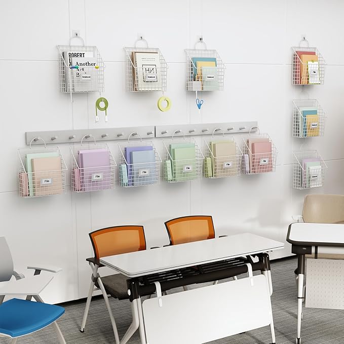 4 Packs Hanging Wall File Organizer with Hooks, Magazine Rack ,Mail Basket | Mesh Wall Mounted File Holder with Handles, Home Office Organization for Papers Folder Files, No Assembly Required, White
